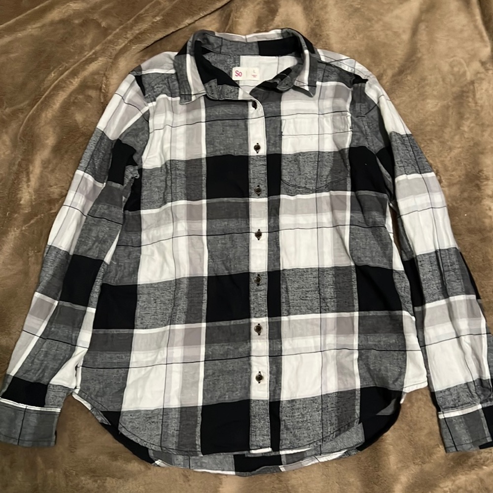 Girls SO Button Down Flannel Shirt Top White Black Grey Size Large L